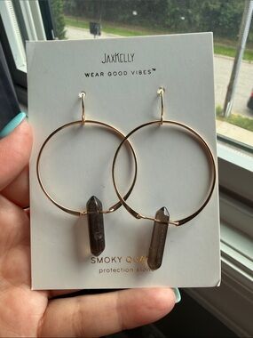 Gold Hoop Earrings with Smoky Quartz Drops